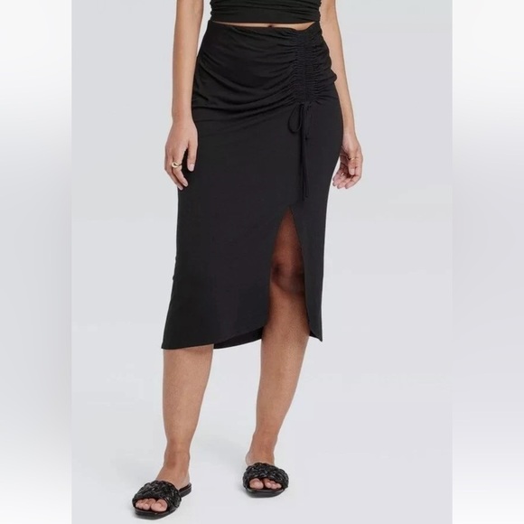 NWT A New Day Women's Sz M Midi Ruched Knit Asymmetrical Black Skirt - Picture 1 of 9